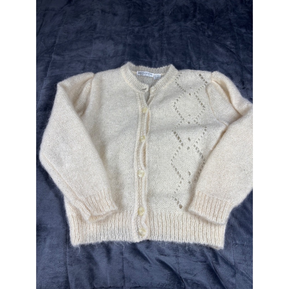 Lowell & Whitney Womens Mohair Wool Cardigan Cream Pointelle Puff Sleeve Italy M